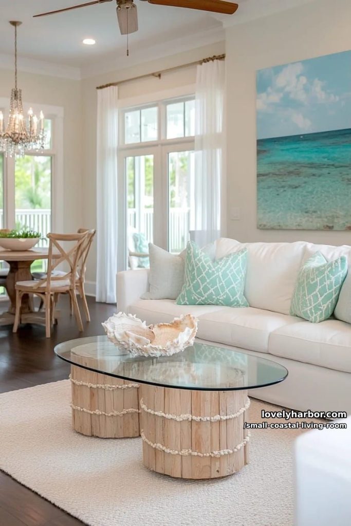coastal living room with white sofa, blue-green pillows, and seashell accents 2