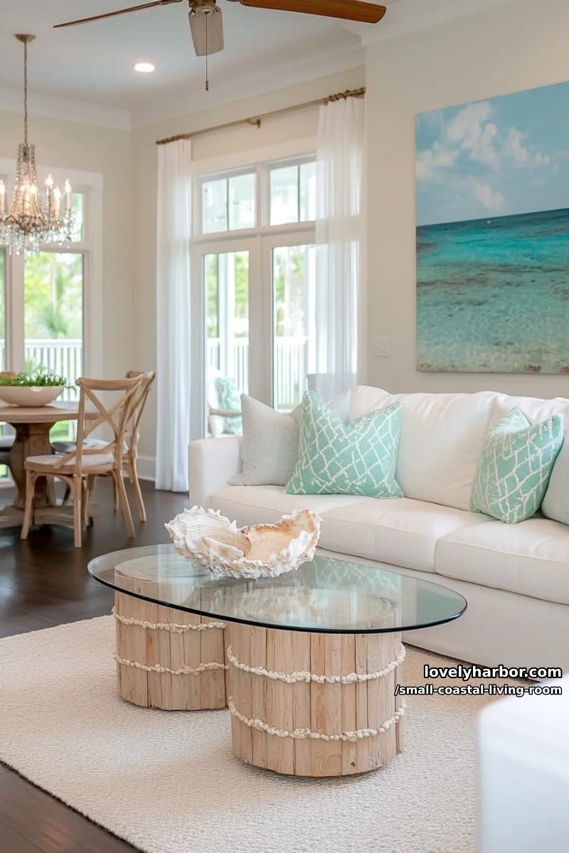 Lovely Harbor 45 coastal living room with white sofa, blue-green pillows, and seashell accents 2
