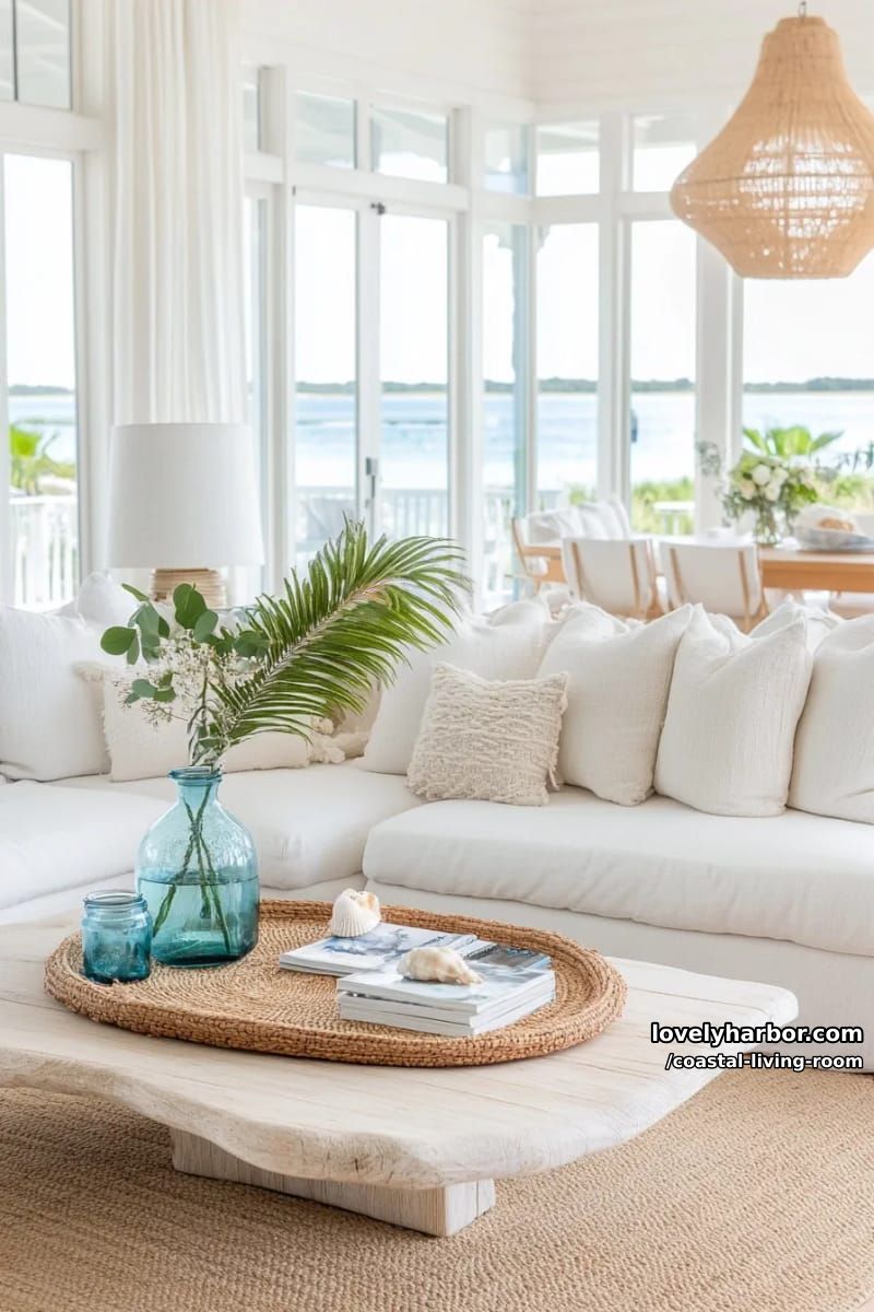 coastal living room with white sofa, textured pillows, and open-plan dining area. 1
