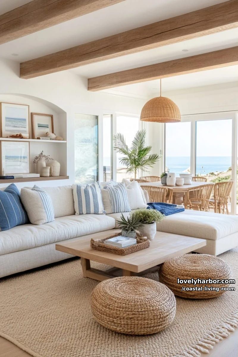 coastal open-plan living room with light wood, rattan accents, and sea-inspired decor. 1