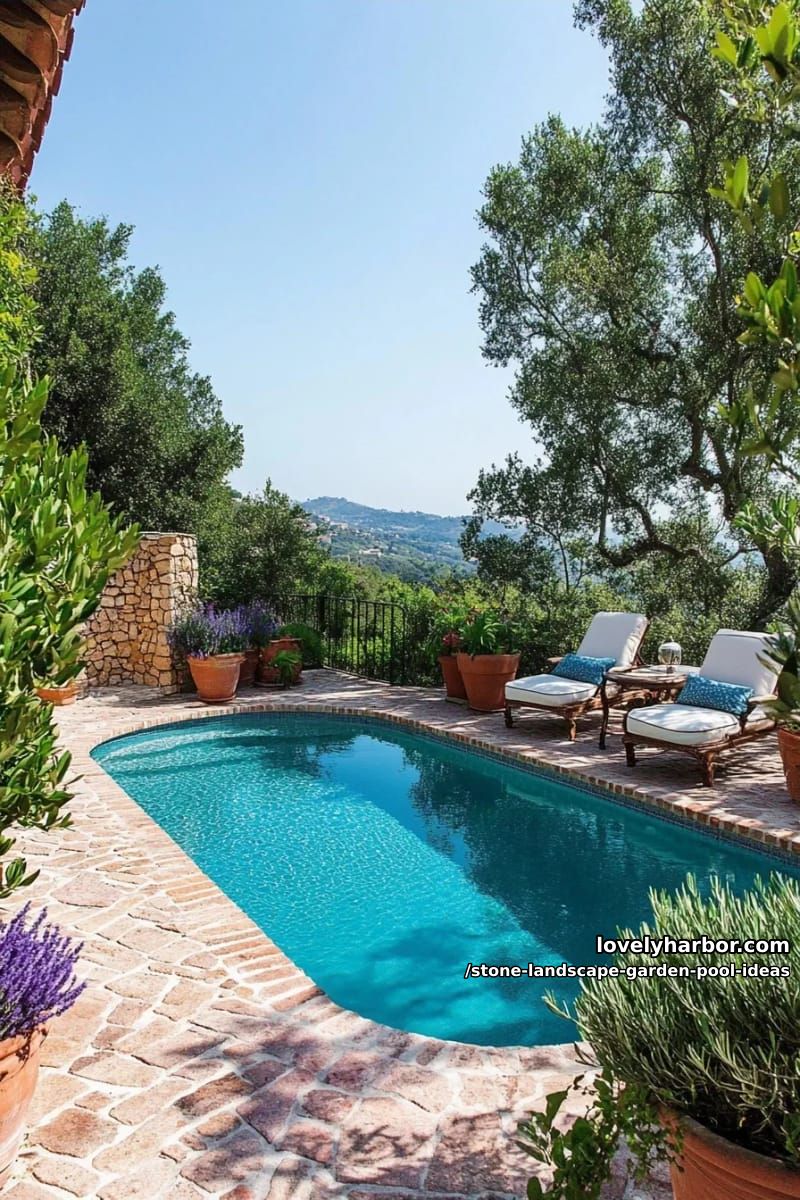 cobblestone deck with vintage lanterns and mediterranean-inspired poolscape 1
