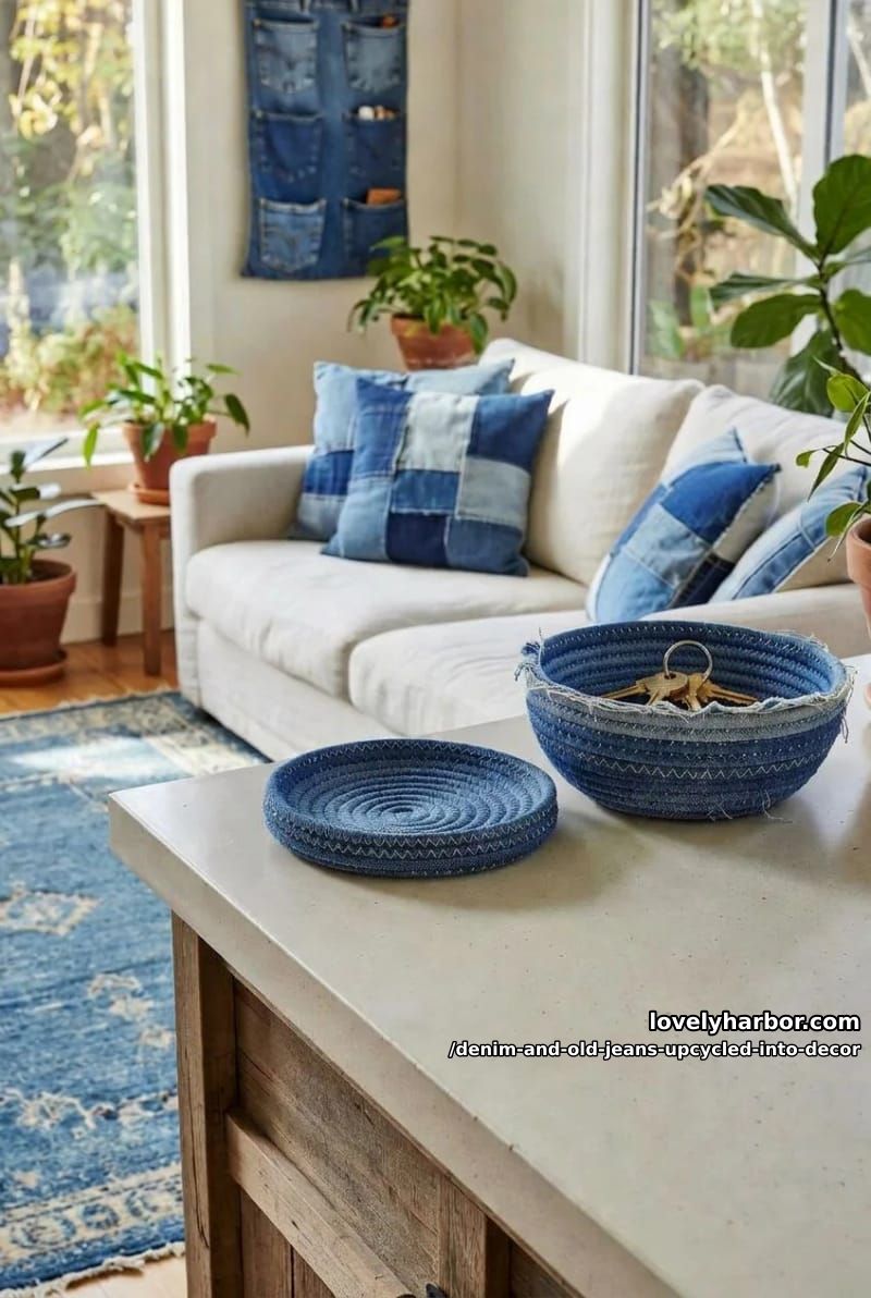 coiled bowls and trivets from denim side seams 1