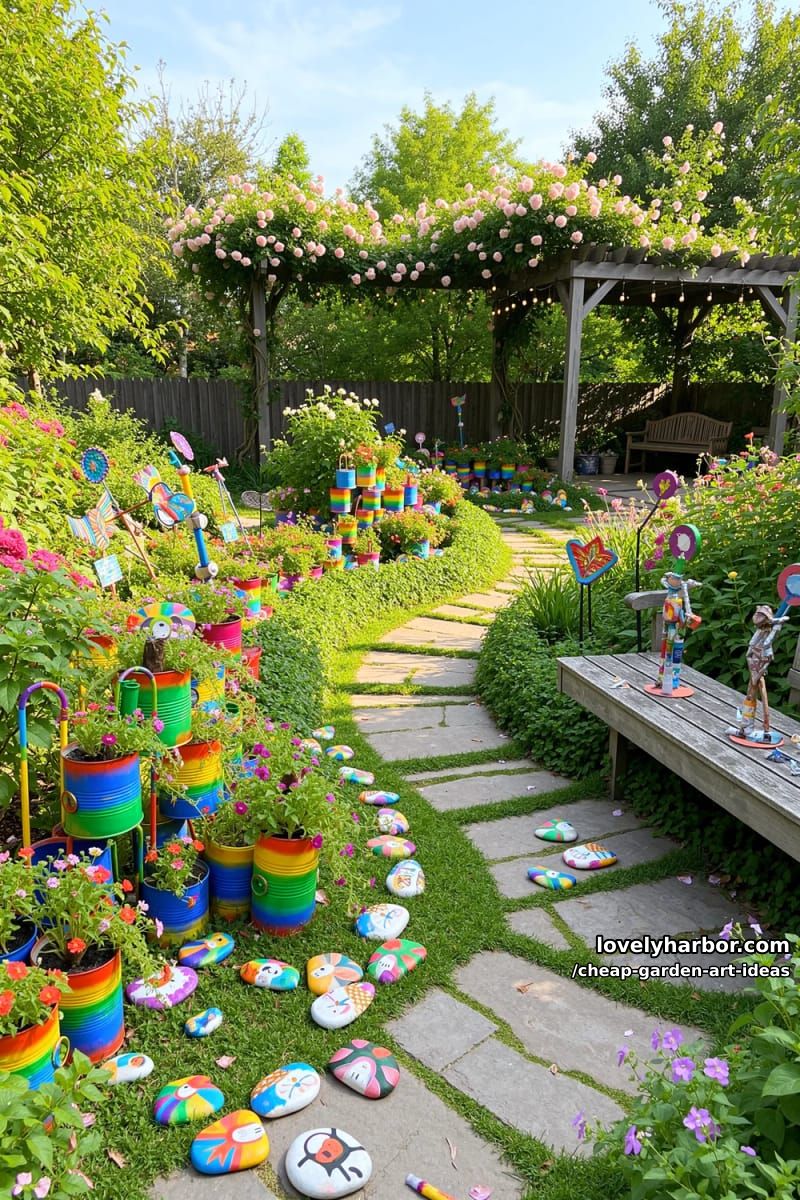 colorful diy garden art: painted rocks, tin can planters, and whimsical sculptures. 1