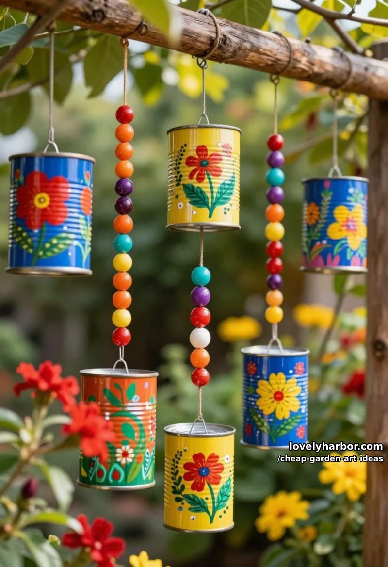 colorful tin can wind chimes with painted patterns and beaded strings. 1