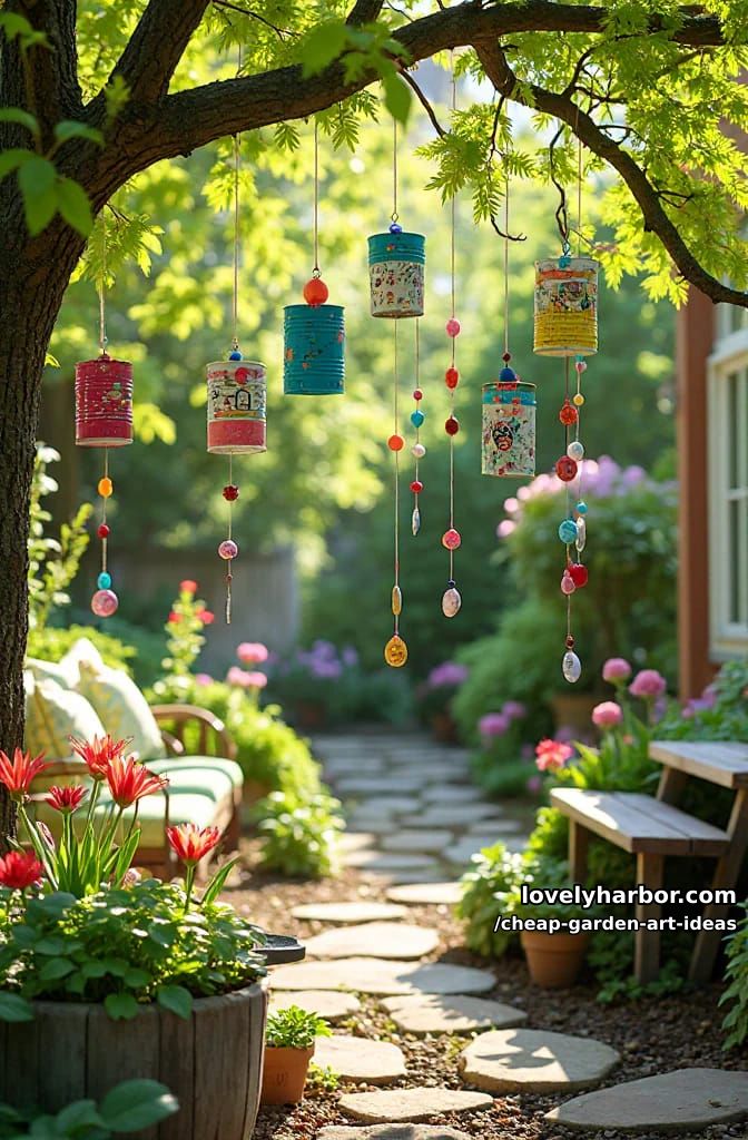 colorful tin can wind chimes with painted patterns and beaded strings. 1