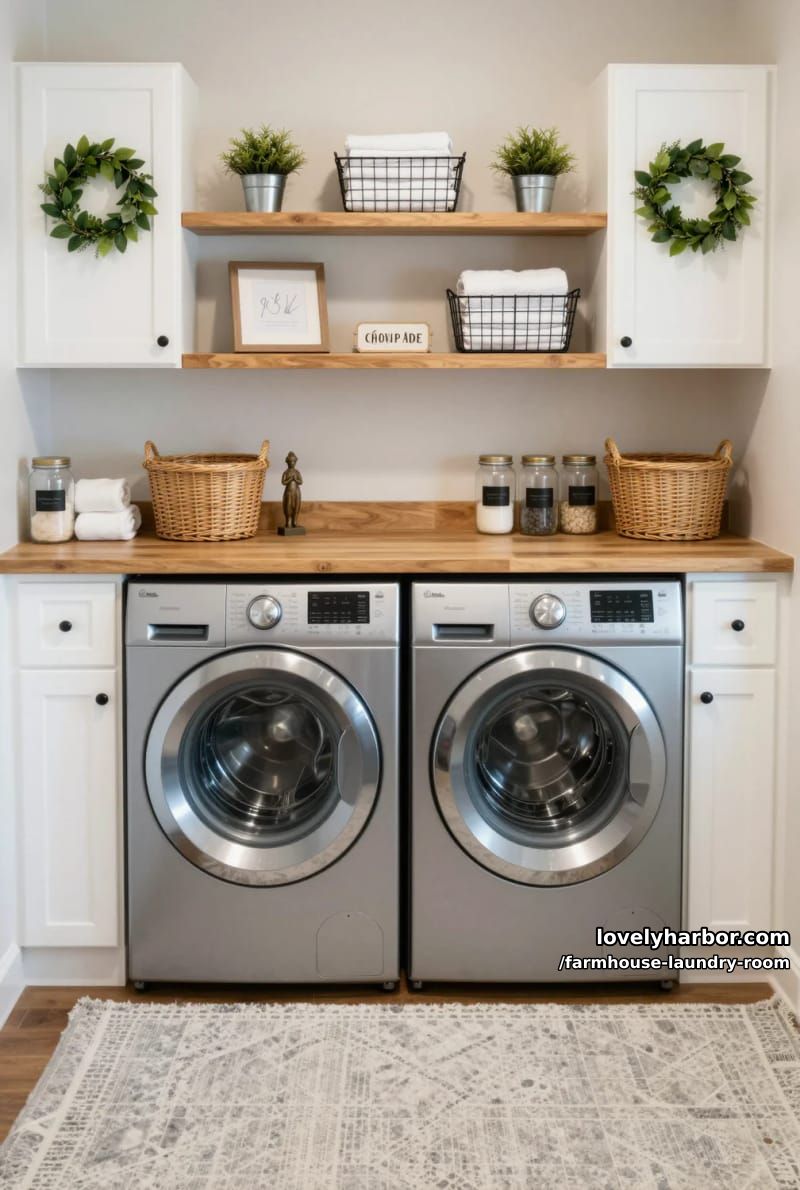 21 Farmhouse Laundry Rooms with Charming Designs 7 compact laundry room with side-by-side machines, wooden countertop, and floating shelves. 1