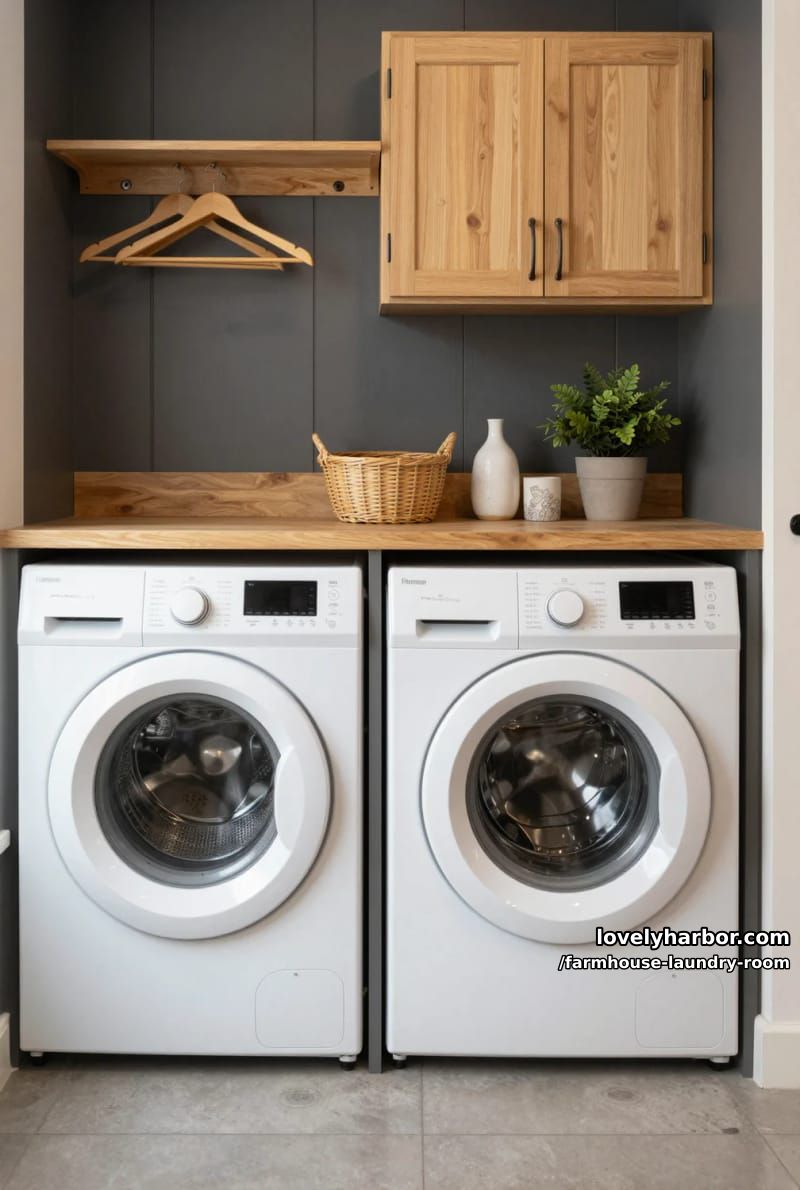 21 Farmhouse Laundry Rooms with Charming Designs 23 compact laundry with gray cabinet, wood shelf, and dark shiplap accent wall. 1