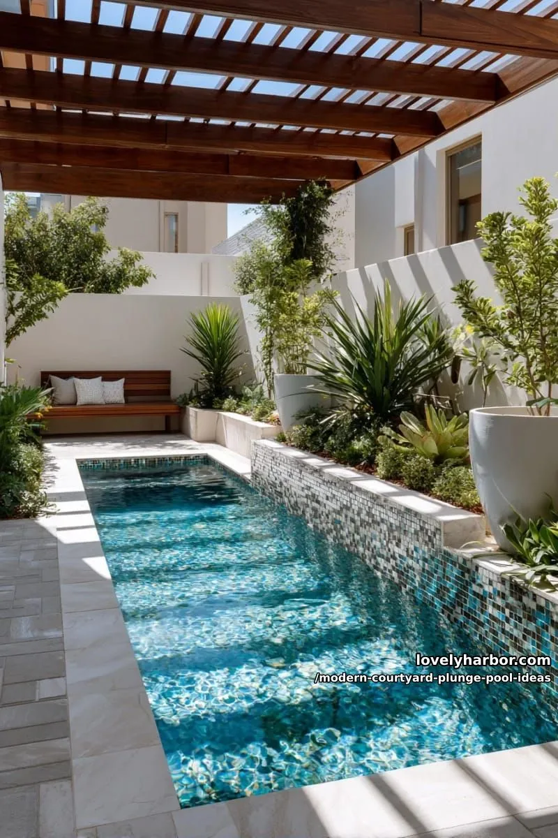 compact plunge pool lined with mosaic tiles and shaded by a slatted pergola 1