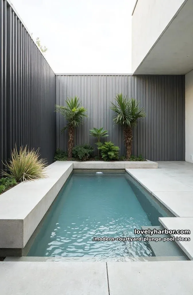 corner plunge pool with built-in seating, surrounded by modern privacy screens 1