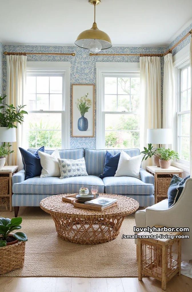 19 Small Coastal Living Room Ideas for Effortless Style 20 cottage living room with striped blue sofa, rattan accents, blue wallpaper, and brass lighting 1