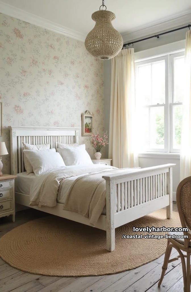 15 Coastal Vintage Bedrooms to Inspire Your Retreat 13 cottagecore floral wallpaper behind whitewashed spindle bed and woven rug 1