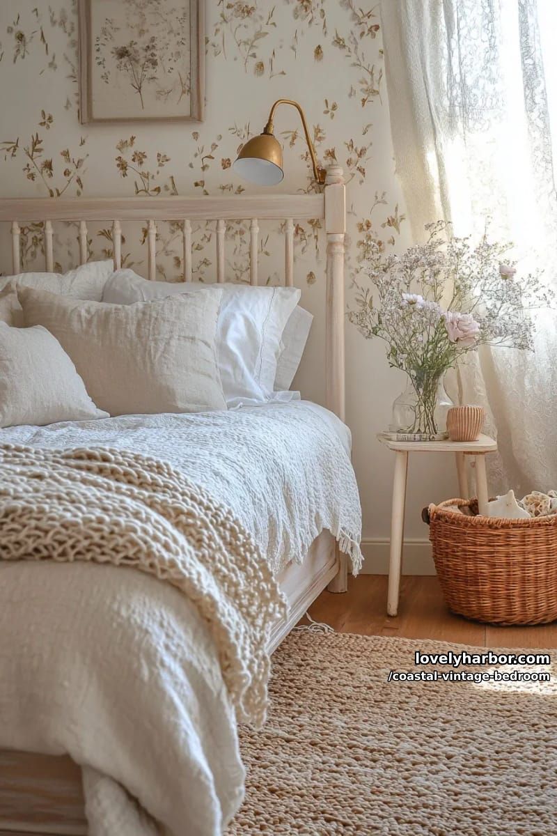 15 Coastal Vintage Bedrooms to Inspire Your Retreat 14 cottagecore floral wallpaper behind whitewashed spindle bed and woven rug 1