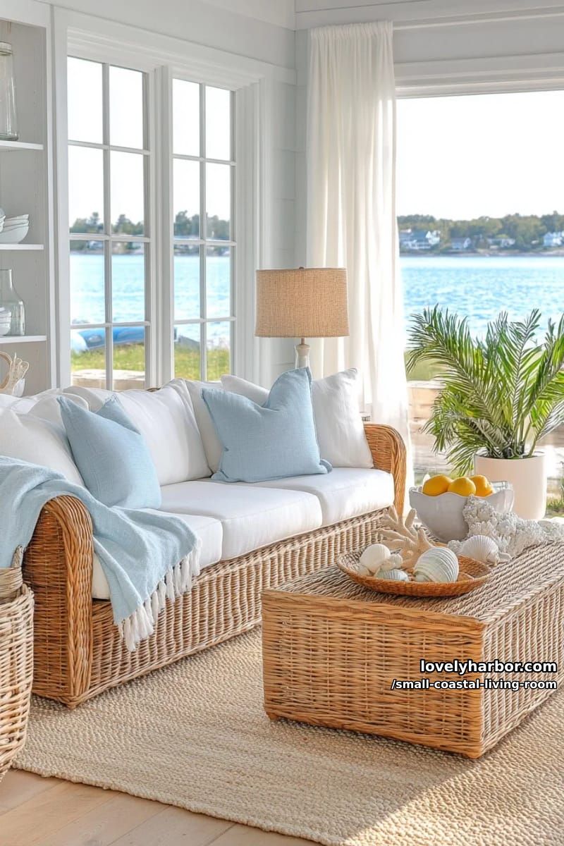 19 Small Coastal Living Room Ideas for Effortless Style 11 cozy coastal living and kitchen with wicker seating, ocean view, and blue accents 1