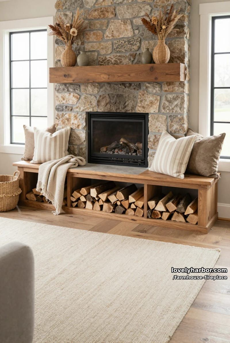 cozy corner with stone fireplace, built-in bench, and woven decor. 1