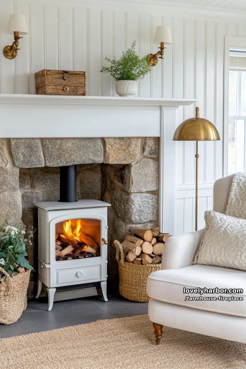 cozy corner with stone fireplace, wood stove, and brass accents. 1