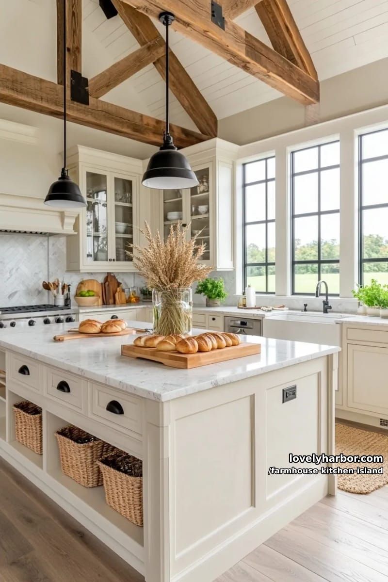 cozy farmhouse kitchen with cream cabinets, marble counters, and rustic beams. 1