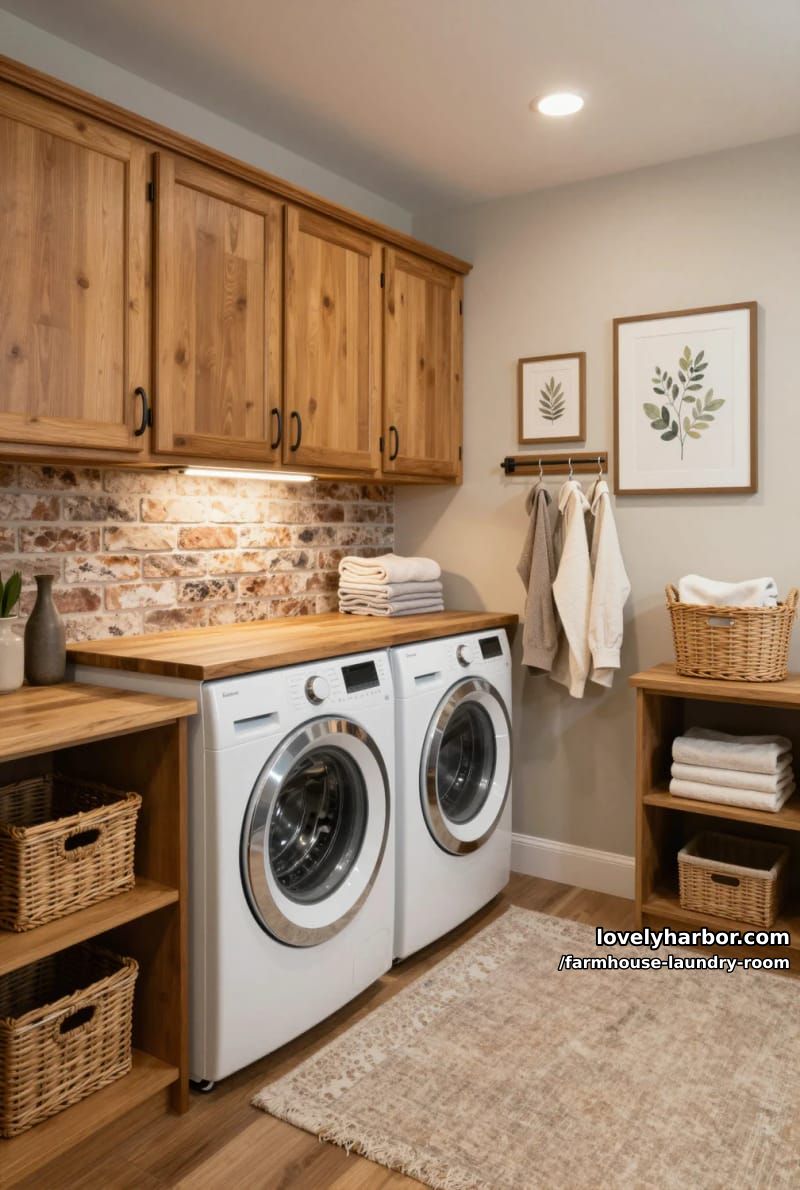 21 Farmhouse Laundry Rooms with Charming Designs 3 cozy farmhouse laundry room with wooden cabinets, brick backsplash, and open shelving. 1