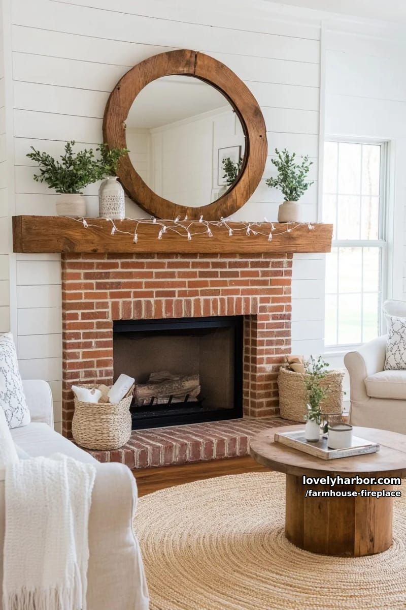 cozy farmhouse living room with red brick fireplace and string lights. 1