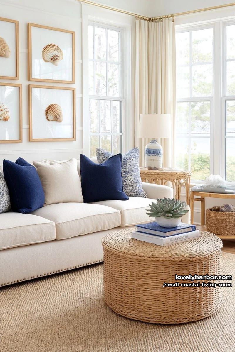 19 Small Coastal Living Room Ideas for Effortless Style 17 cozy living room with beige sofa, blue pillows, shell art, and gold accents 1