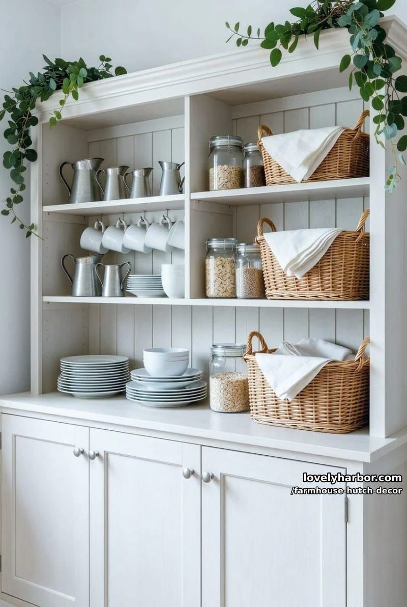 22 Farmhouse Hutch Decor Inspirations to Elevate Your Space 7 cream built-in kitchen hutch with organized whiteware, baskets, and green foliage. 1