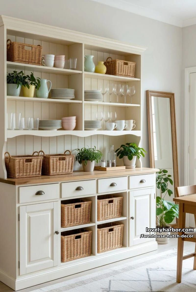 22 Farmhouse Hutch Decor Inspirations to Elevate Your Space 15 cream hutch with natural wood top, glassware, baskets, and potted plants. 1