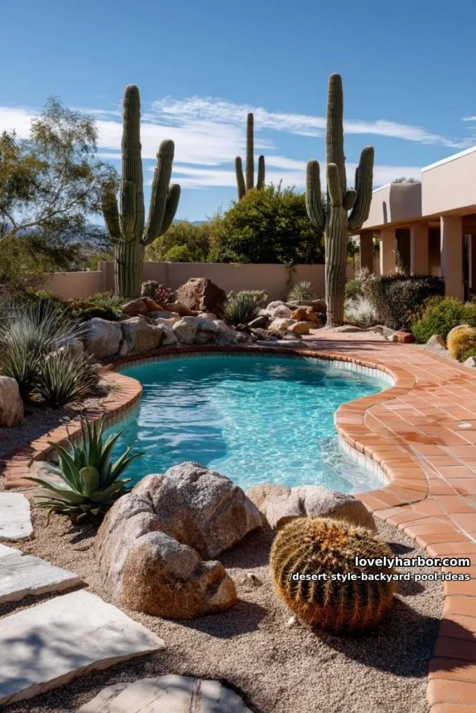 curved pool bordered with terracotta tiles and tall saguaro cacti accents 4