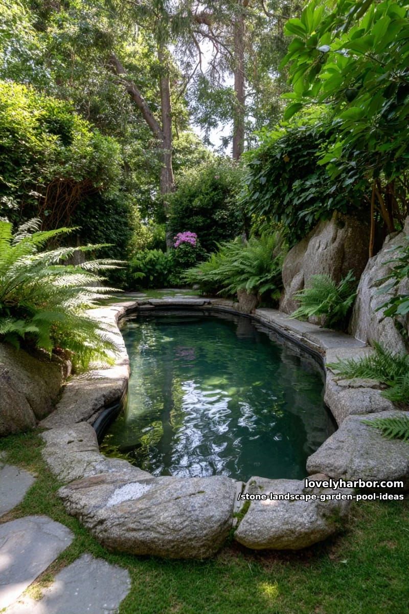 curved stone pool edged with wild ferns and lush greenery for a secret garden feel 1