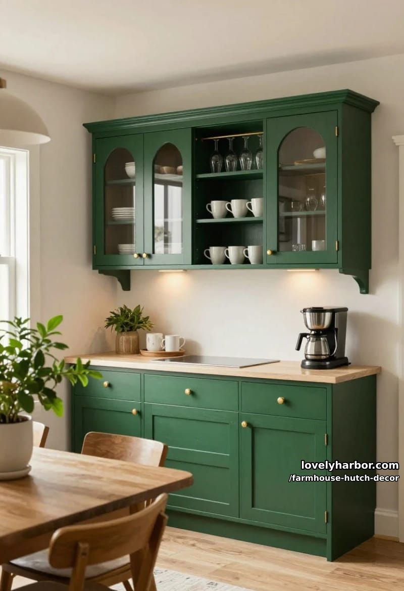 22 Farmhouse Hutch Decor Inspirations to Elevate Your Space 16 dark green hutch with arched doors and brass handles. 1