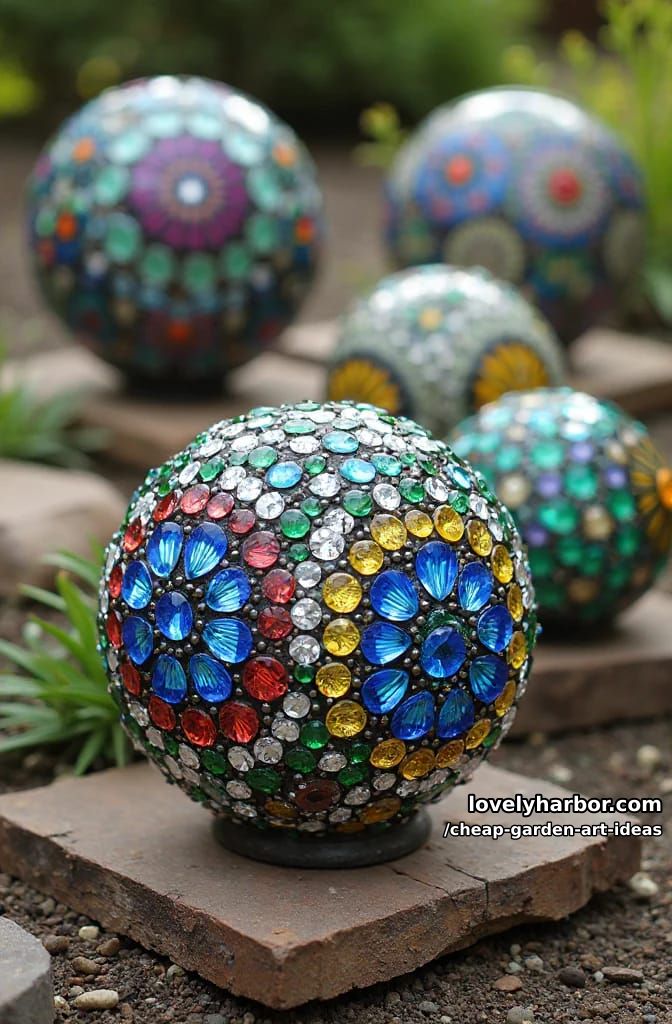 decorative garden balls covered with colorful glass gems and marbles. 1