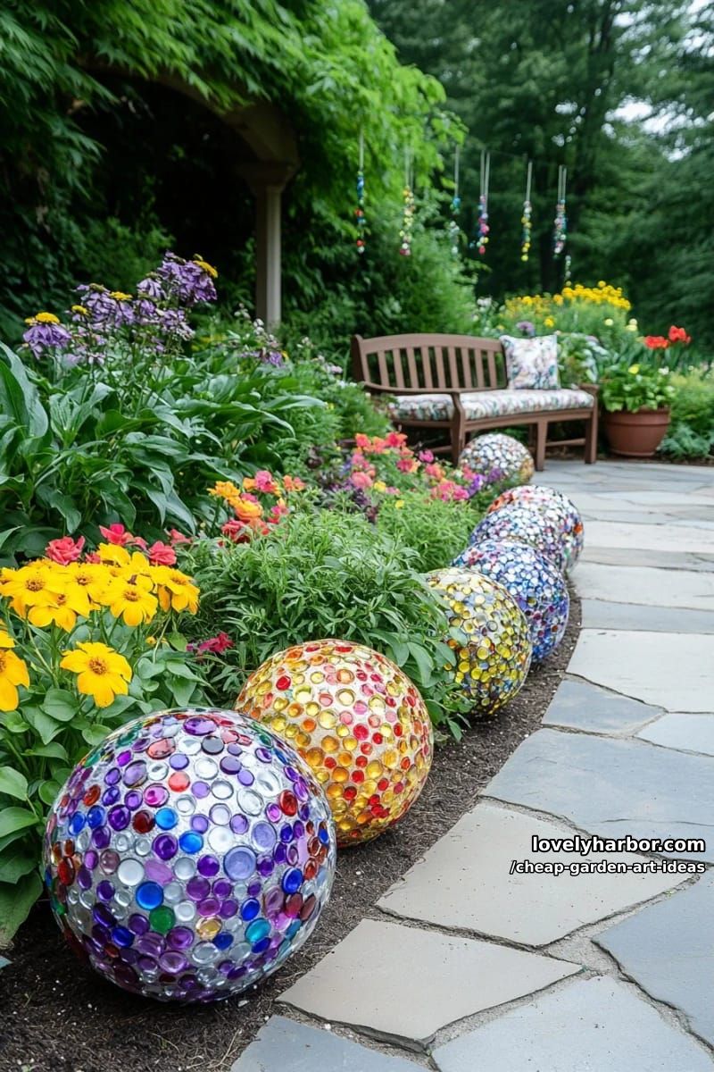 decorative garden balls covered with colorful glass gems and marbles. 1