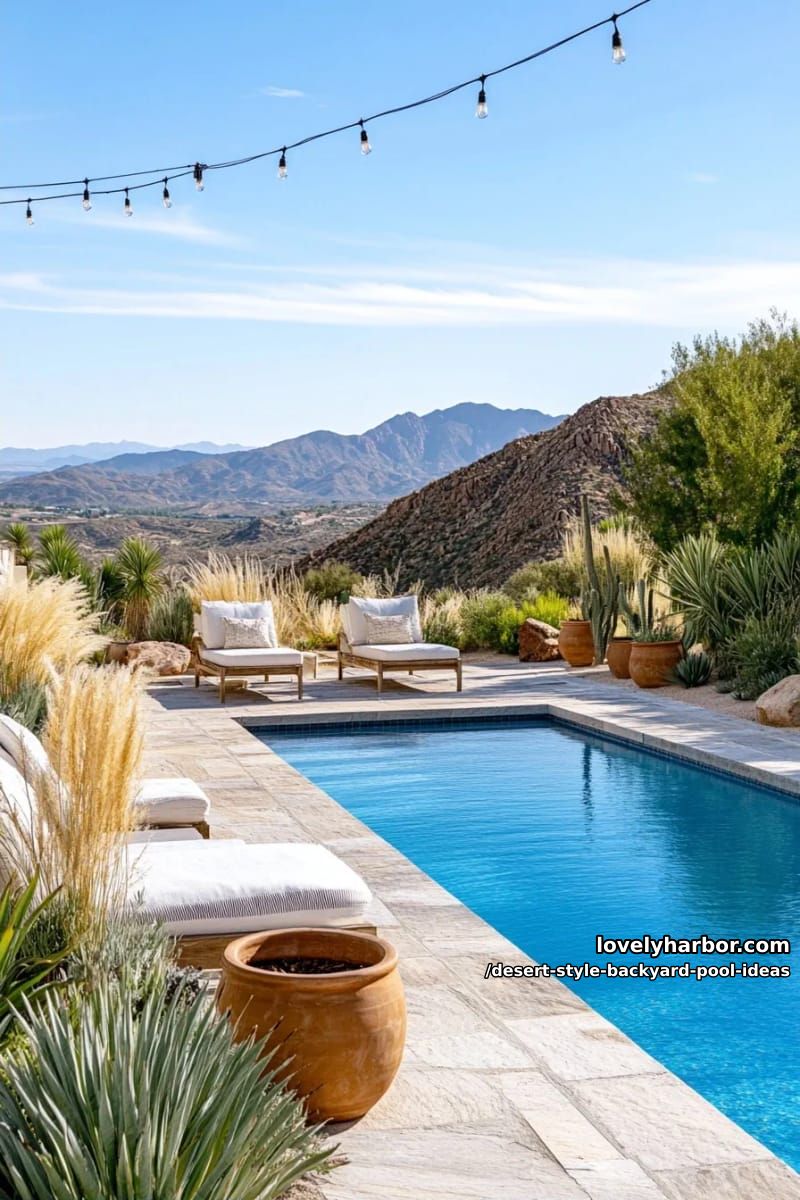 desert mountain view pool framed by native grasses and rustic timber seating 1