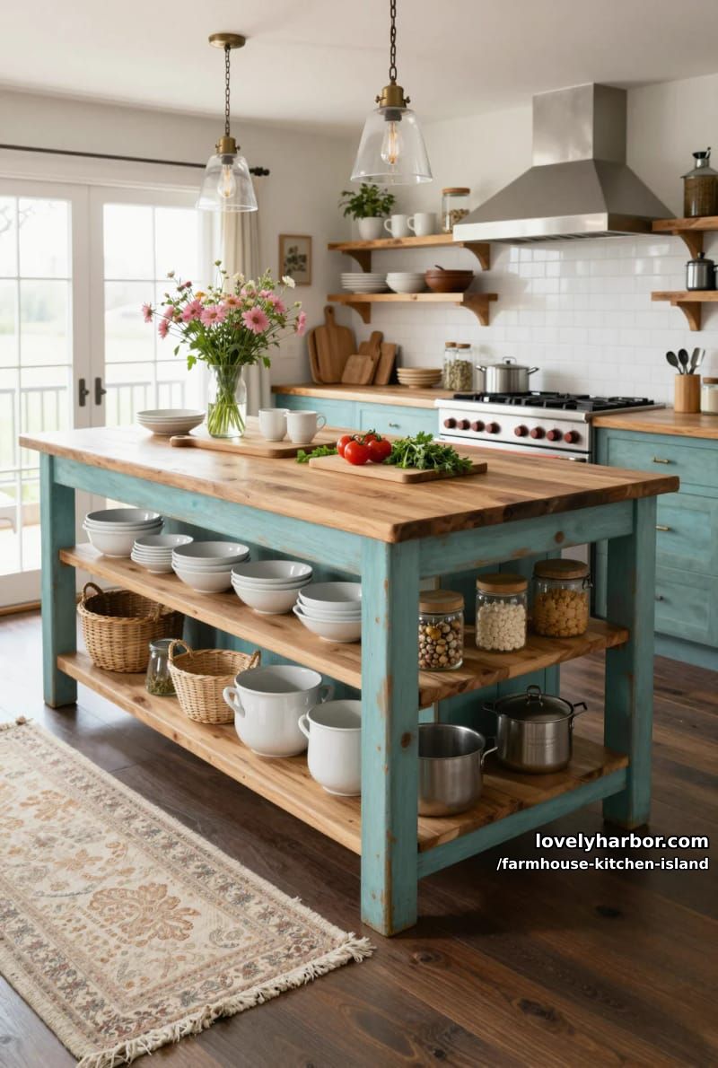 distressed turquoise island, open shelves, glass pendant lights, and pink wildflowers. 1