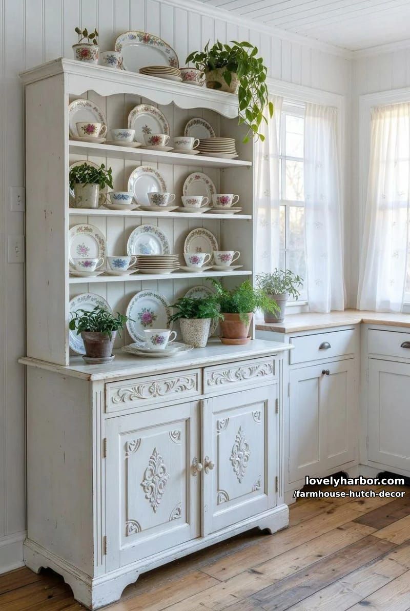 22 Farmhouse Hutch Decor Inspirations to Elevate Your Space 2 distressed white farmhouse hutch with vintage floral china and potted plants. 1