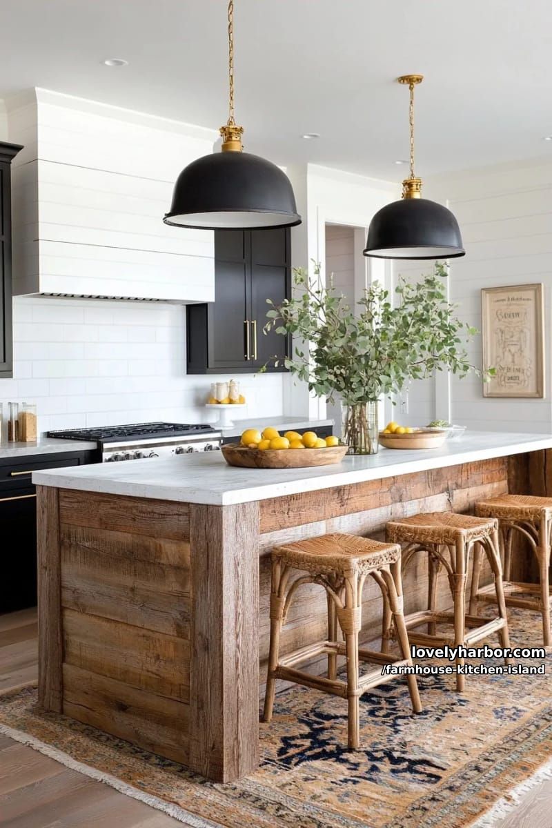 distressed wooden island, shiplap walls, industrial pendant lights, and dark cabinetry. 1