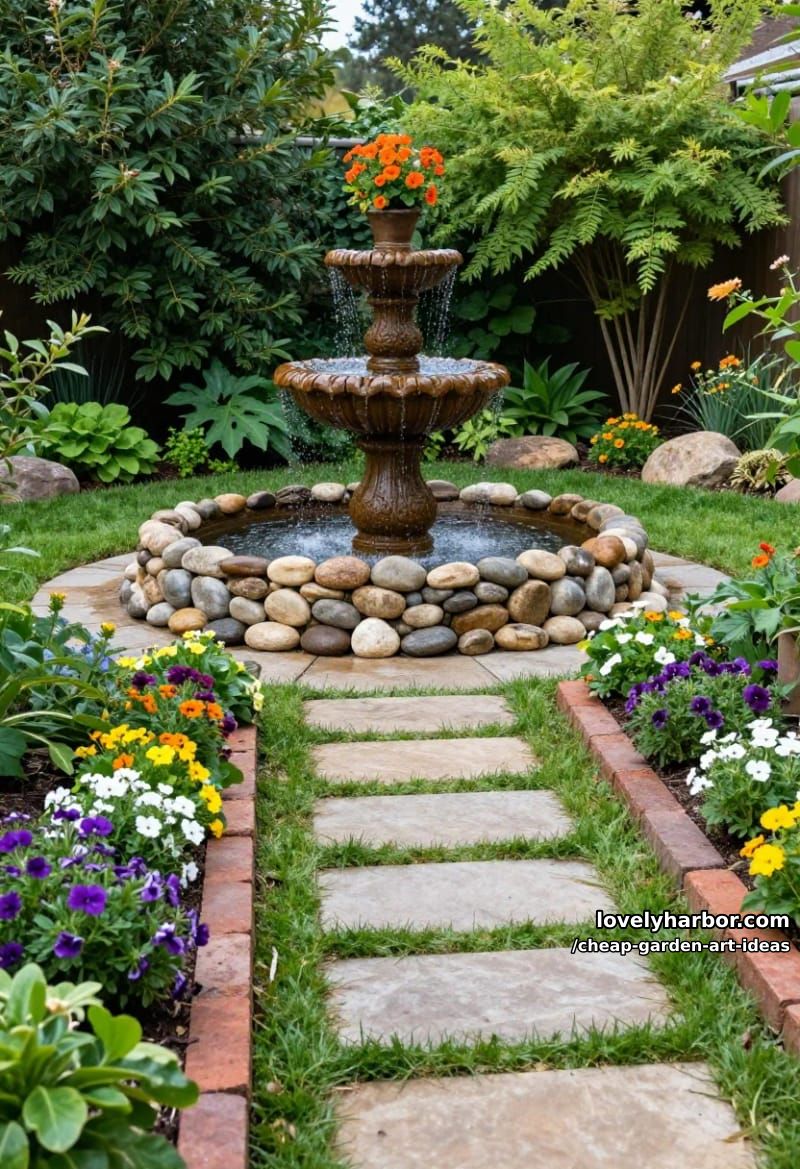 diy backyard garden with water features, stone paths, and colorful flower beds. 1