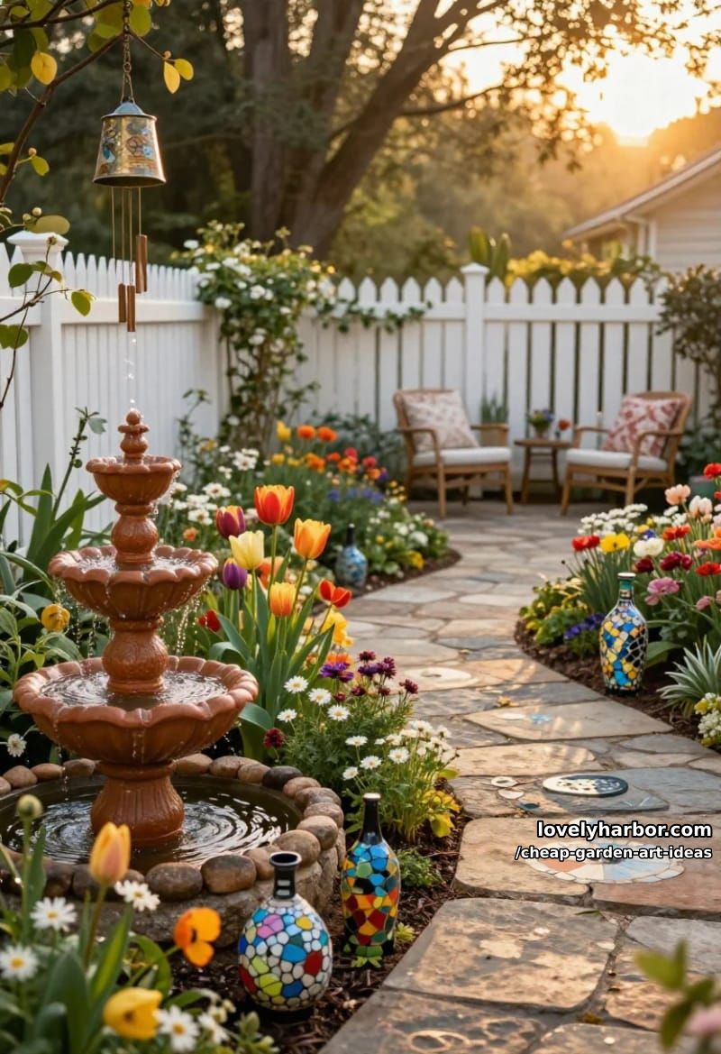 diy backyard garden with water features, stone paths, and colorful flower beds. 1