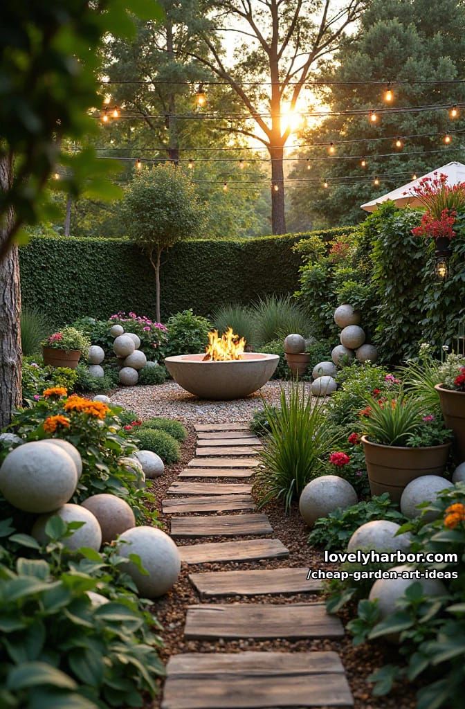 diy garden with concrete spheres, fire pit, wood walkway, stacked pots. 1