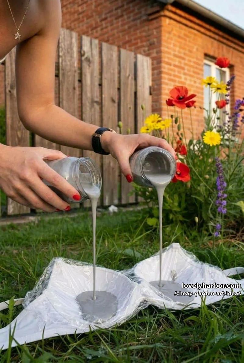 diy project in garden, pouring liquid into a large size bra outdoors to make cup of planter. 1