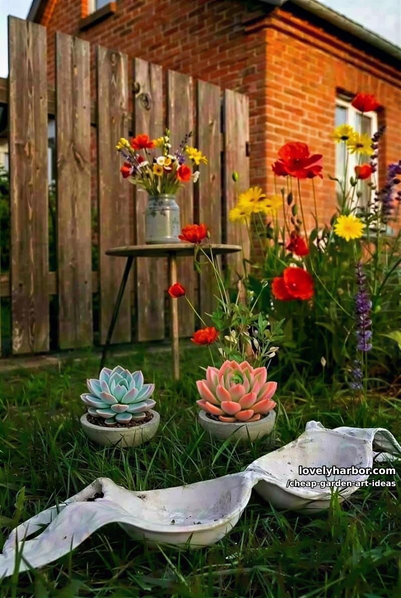 diy project in garden, pouring liquid into a large size bra outdoors to make cup of planter. 1