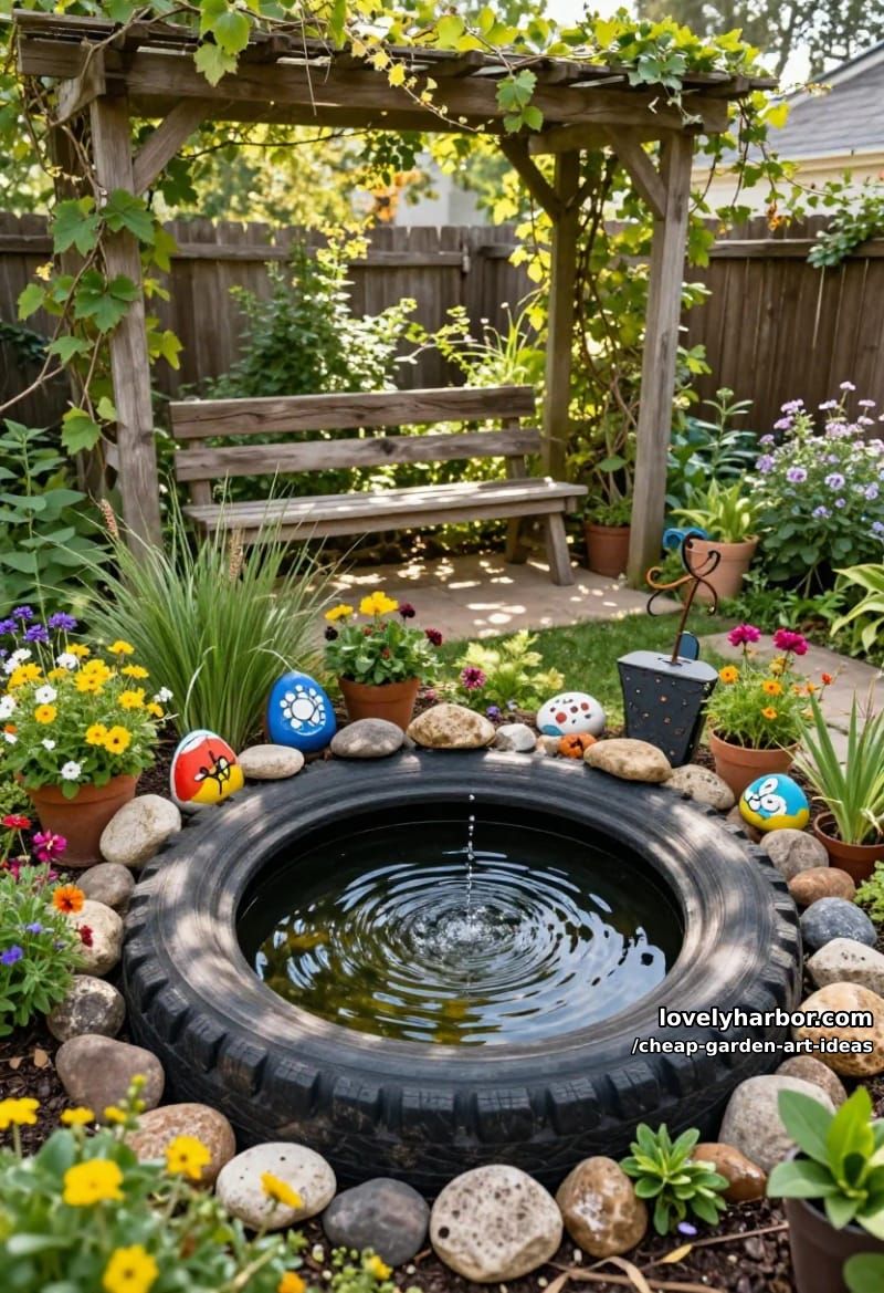 diy tractor tire pond project with stone border and floating fountain. 1