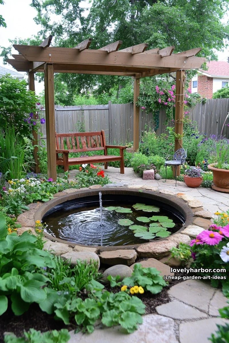 diy tractor tire pond project with stone border and floating fountain. 1