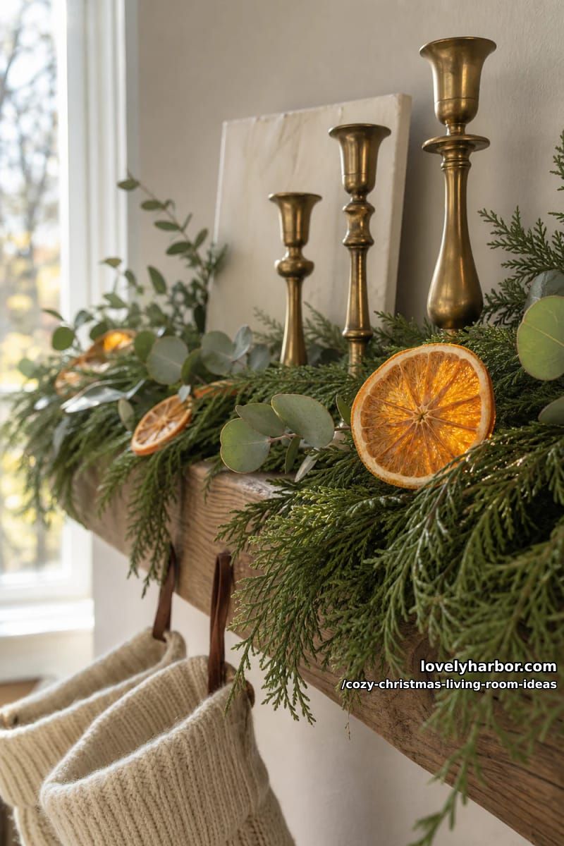 drape the mantel with layered cedar, not a flat store-bought swag 1
