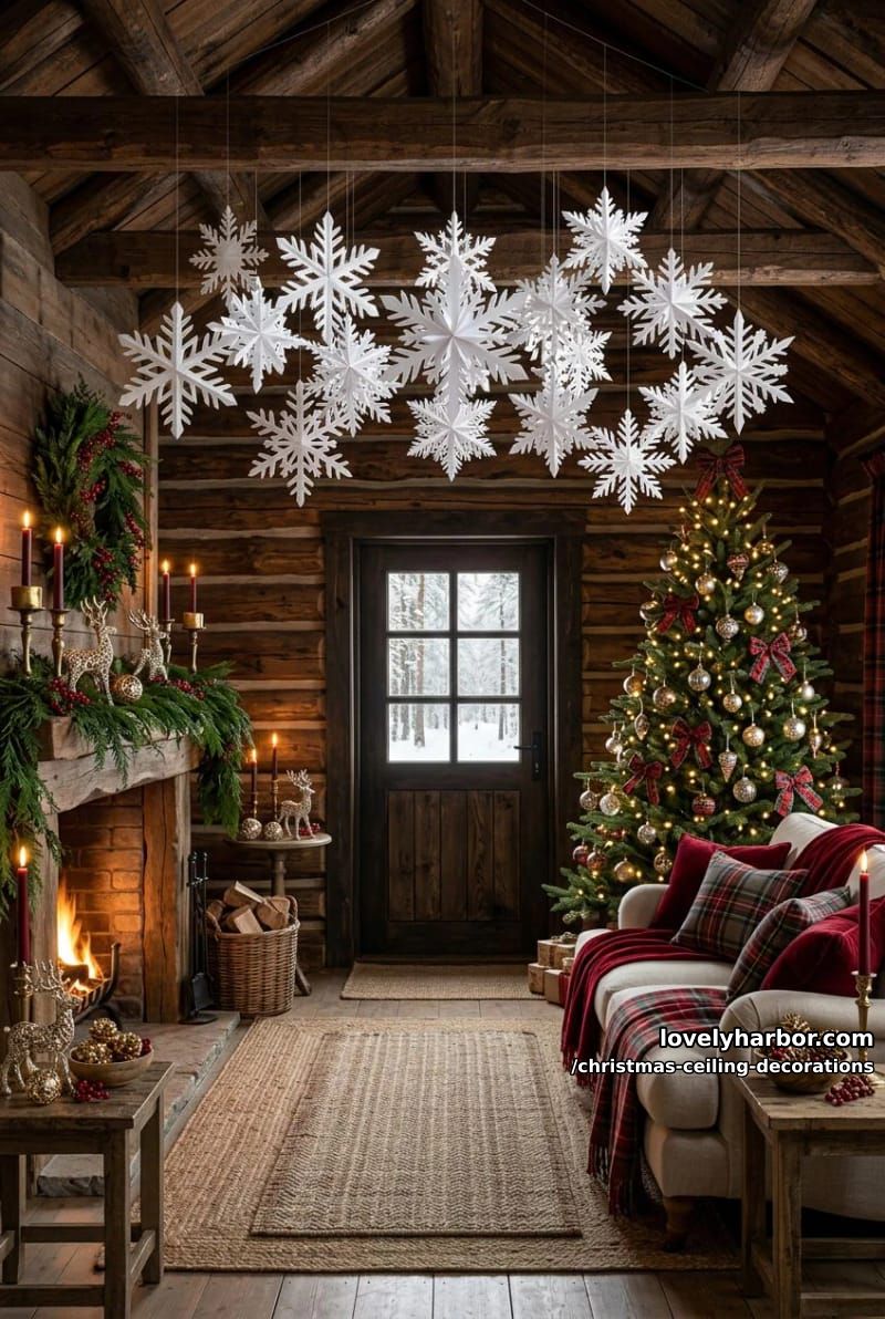 11 Christmas Ceiling Decorations That Put the Overlooked Surface to Work 36 drop paper snowflakes at staggered heights for a falling-snow effect 35