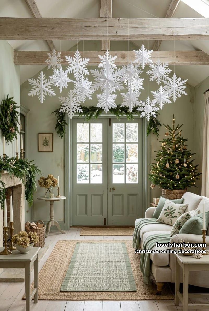 11 Christmas Ceiling Decorations That Put the Overlooked Surface to Work 37 drop paper snowflakes at staggered heights for a falling-snow effect 36