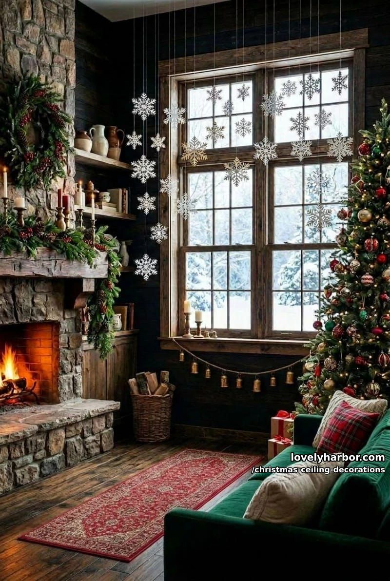 11 Christmas Ceiling Decorations That Put the Overlooked Surface to Work 38 drop paper snowflakes at staggered heights for a falling-snow effect 37