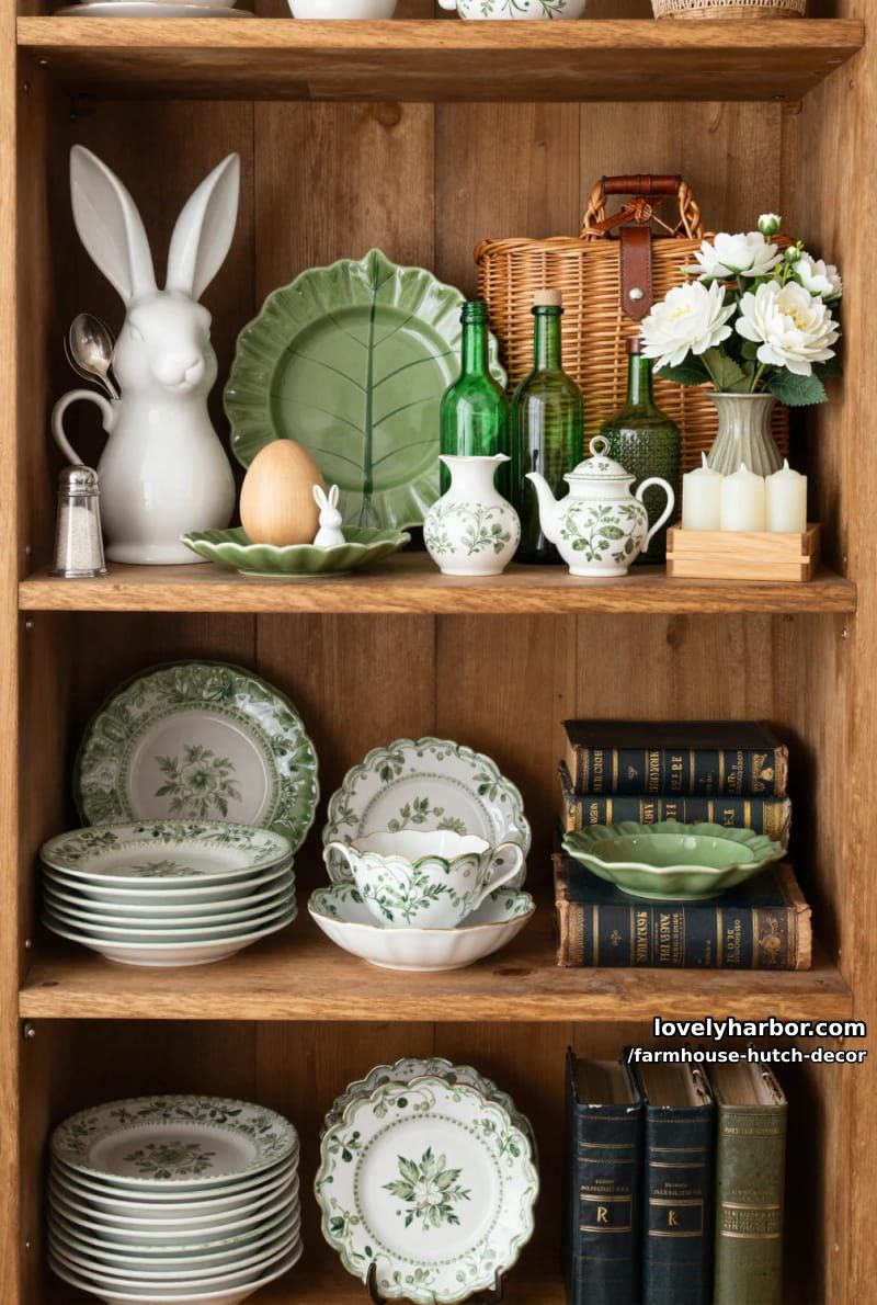 22 Farmhouse Hutch Decor Inspirations to Elevate Your Space 9 eclectic wooden hutch displaying vintage kitchenware, green glass, and floral plates. 1