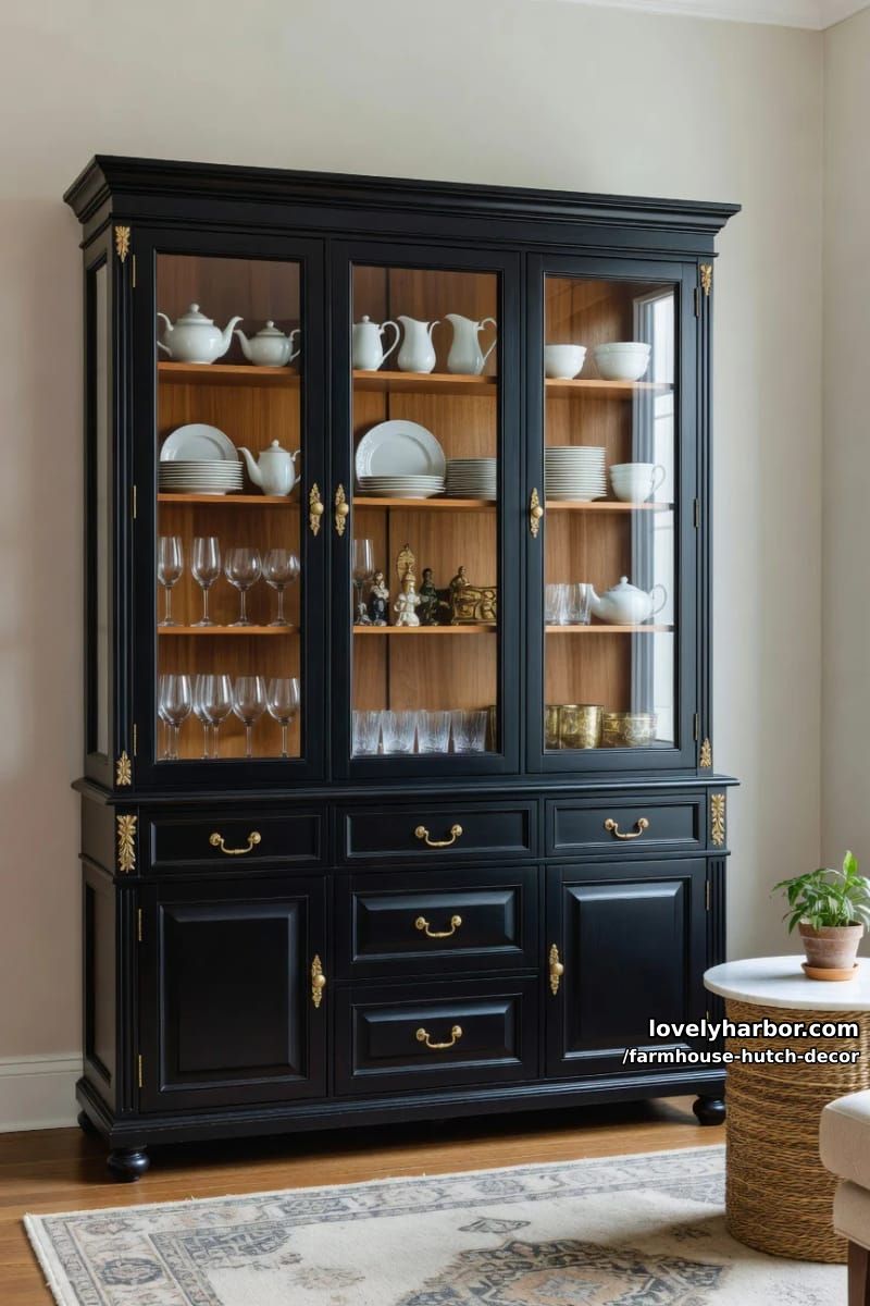22 Farmhouse Hutch Decor Inspirations to Elevate Your Space 14 elegant black china cabinet with gold hardware and white porcelain dishes. 1