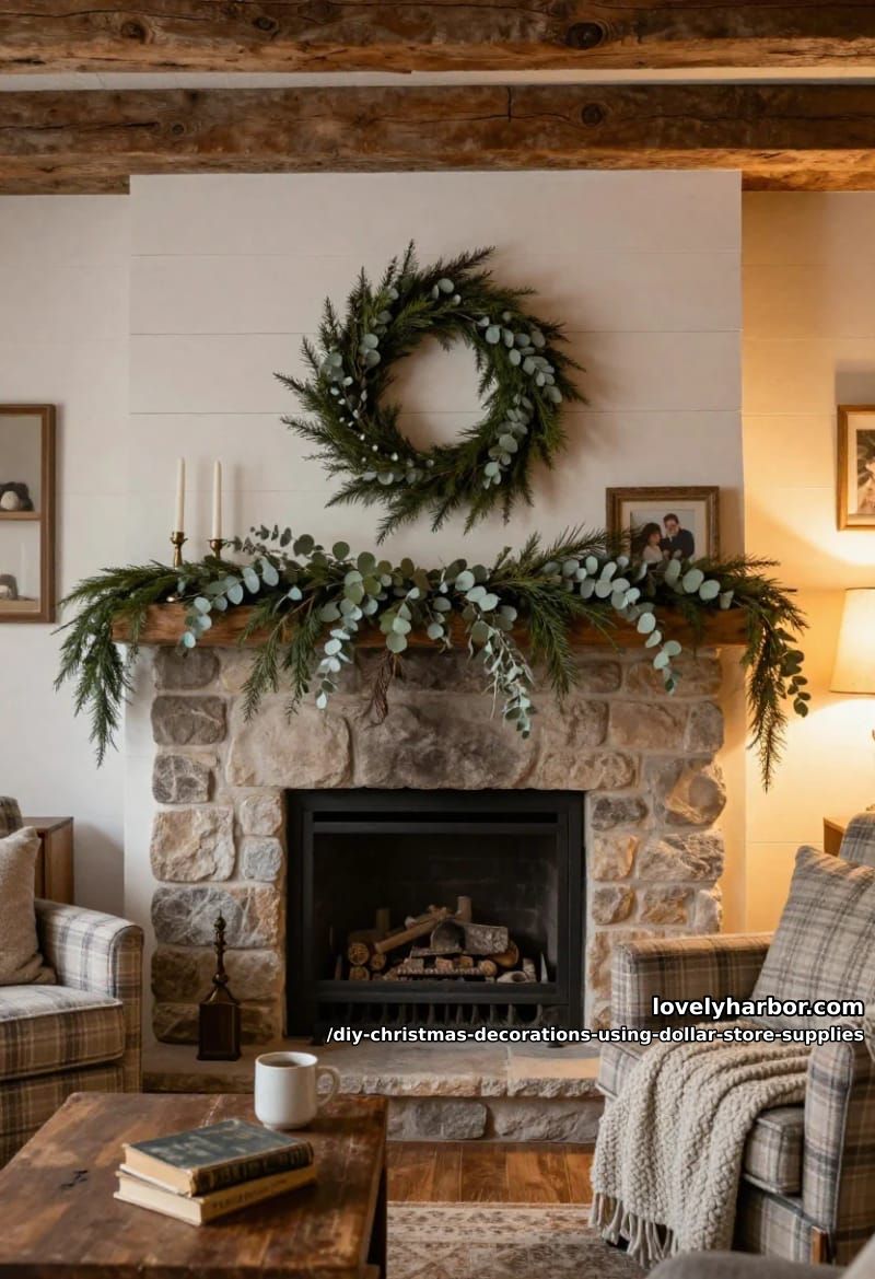 12 DIY Christmas Decorations Using Dollar Store Supplies That Don't Read Cheap 9 eucalyptus and cedar mantel garland from craft picks 1
