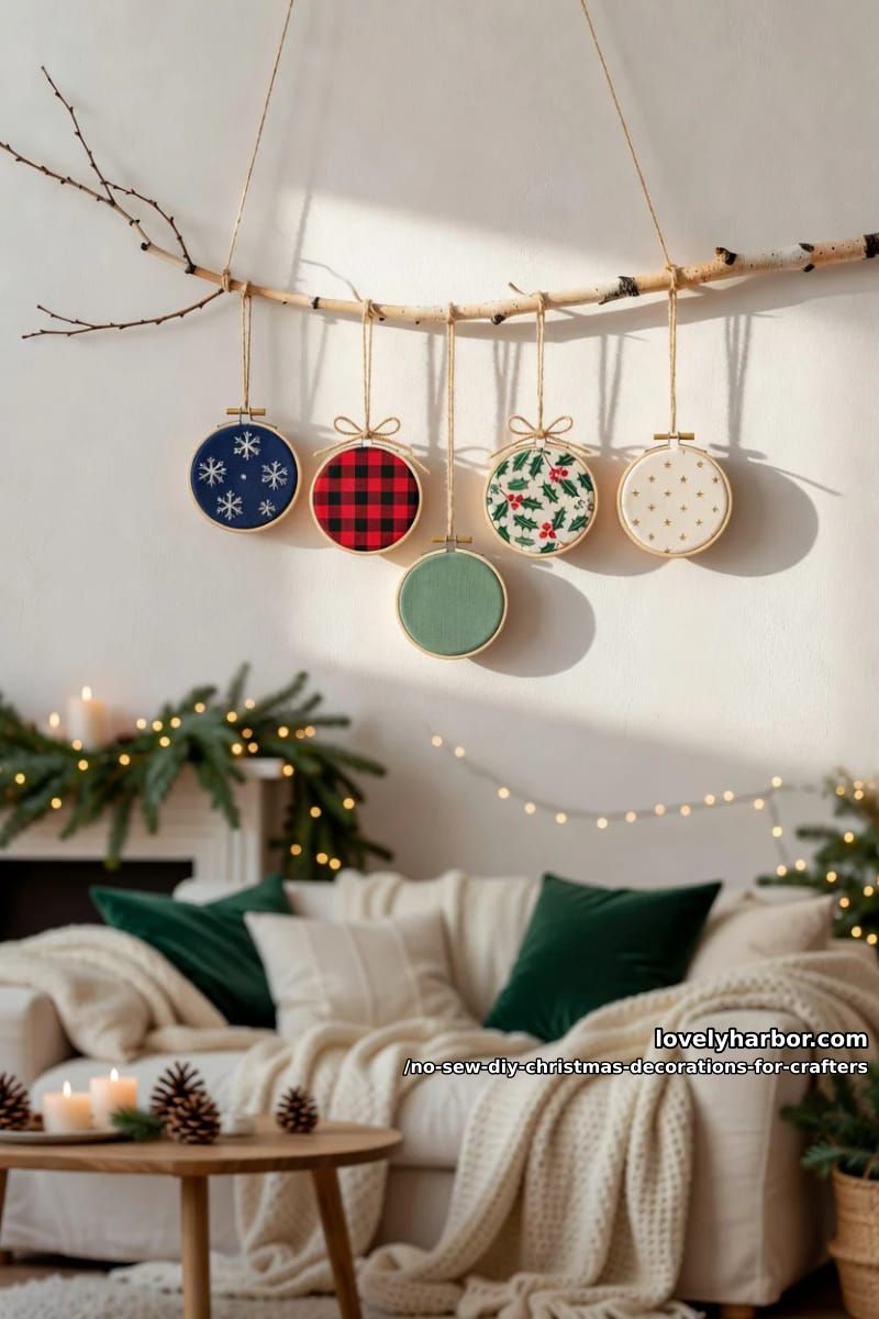 fabric-covered embroidery hoop ornaments 1