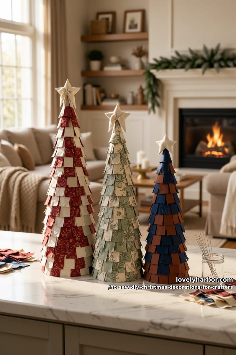 fabric-scrap tabletop cone trees 1